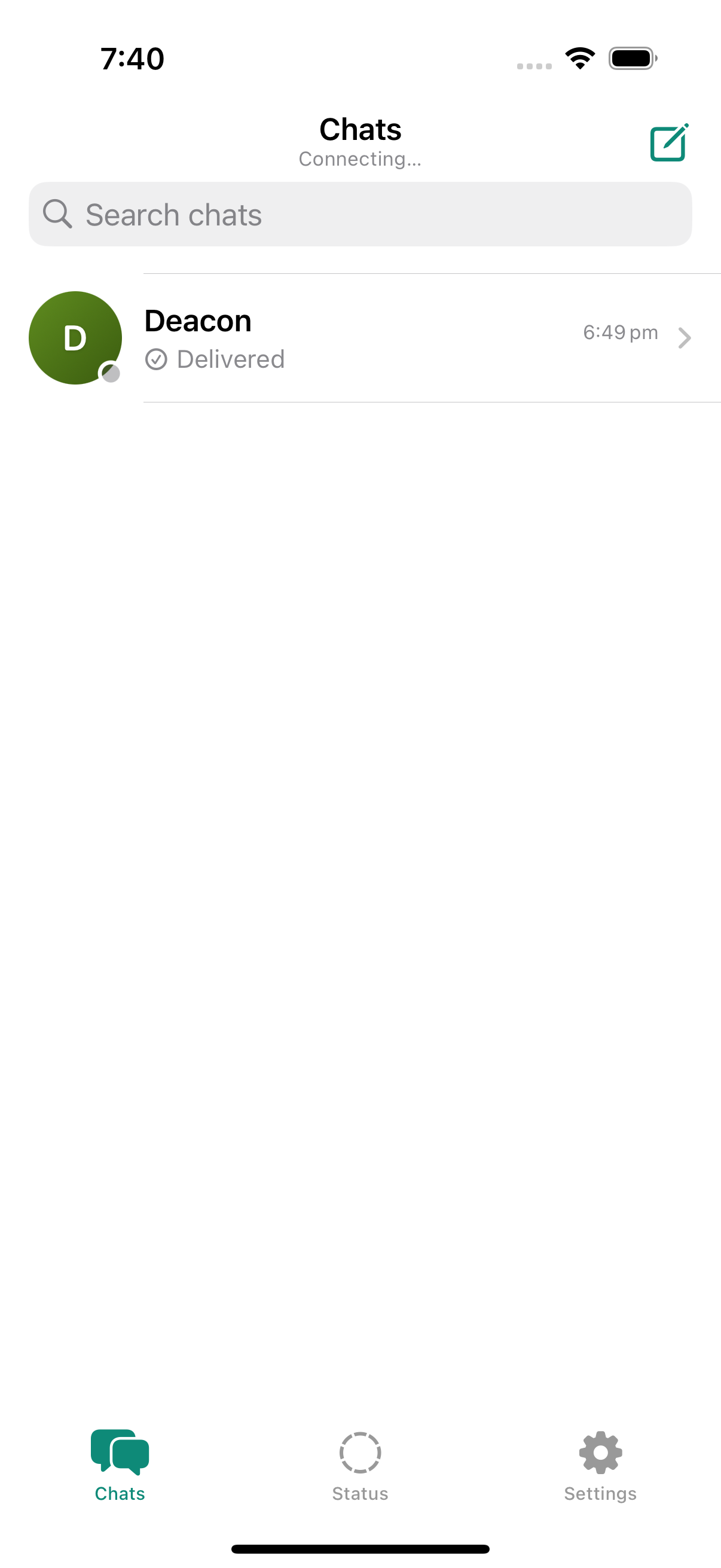Chat list. Delivery state only — no message preview on the home screen.