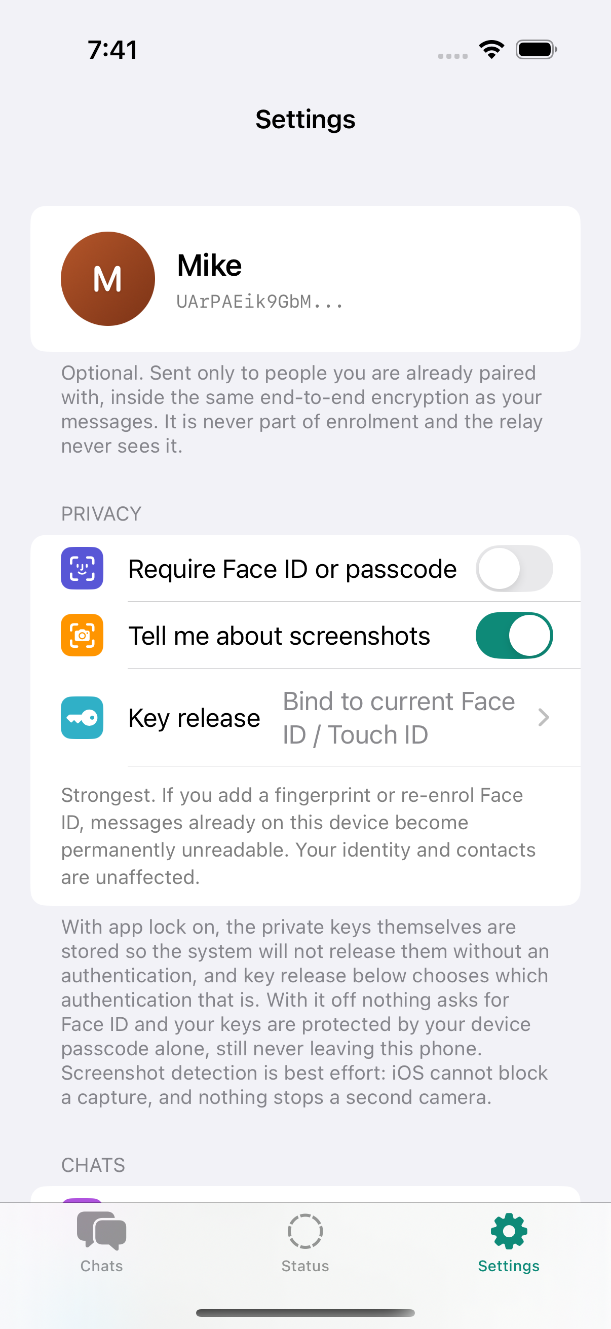 Settings: Face ID, screenshot alerts, key release bound to biometrics.