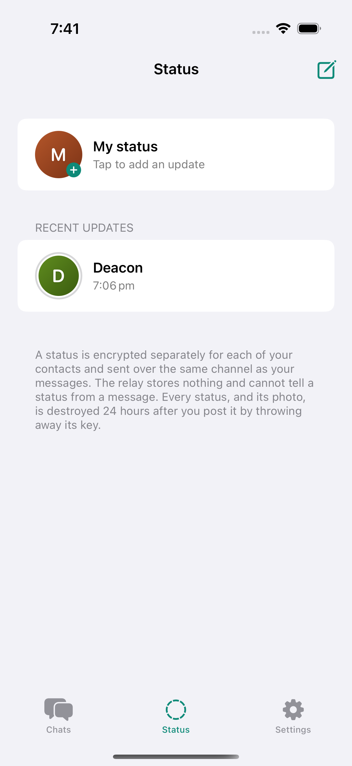 Status. Each update is encrypted separately for every contact.